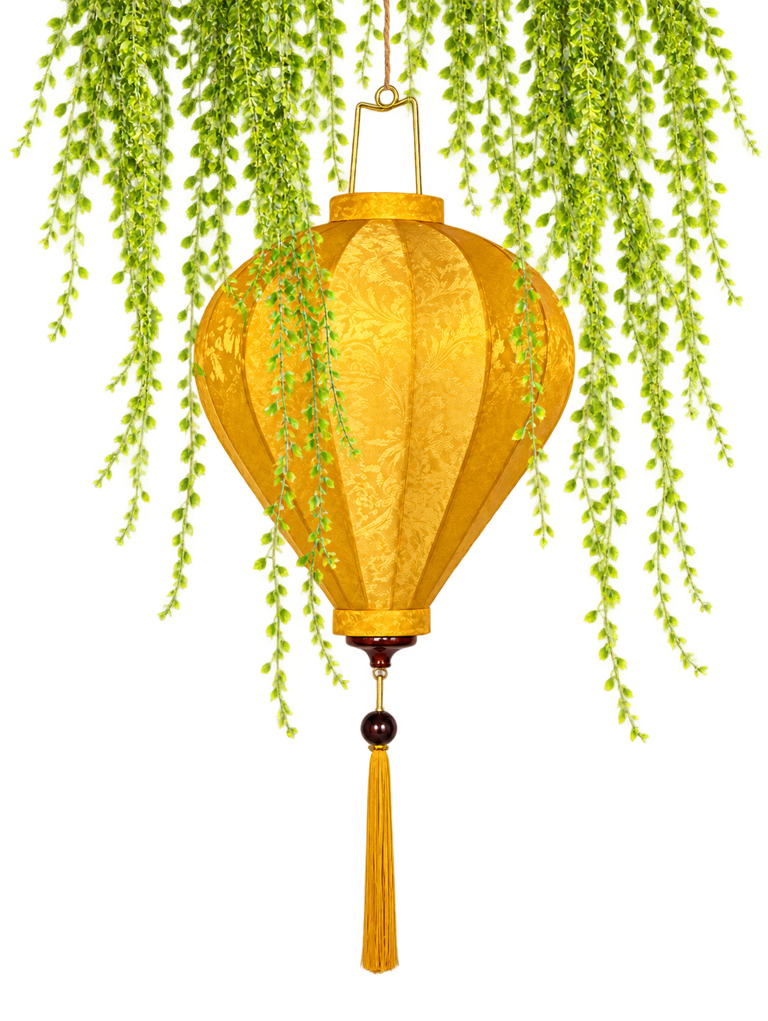 A golden Hội An lantern with trailing greenery